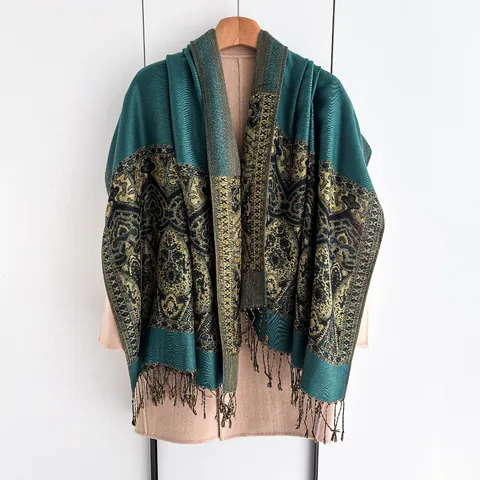 Women Retro Ethnic Jacquard Scarf Shawl Paisley Pattern Tassel Fringe Large Warm Wrap Polyester Scarf For Winter Fall Gift