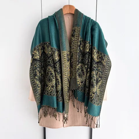 Women Retro Ethnic Jacquard Scarf Shawl Paisley Pattern Tassel Fringe Large Warm Wrap Polyester Scarf For Winter Fall Gift
