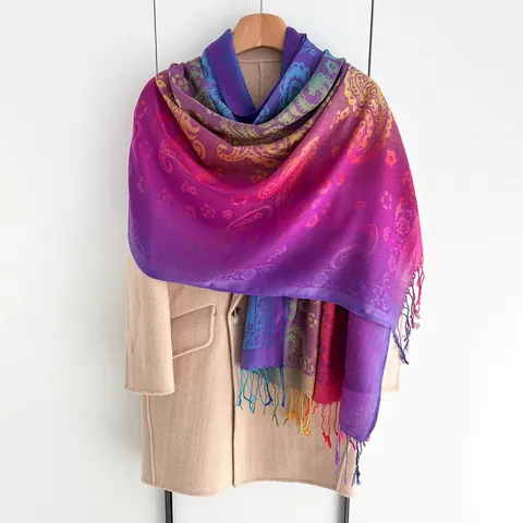 Women Ethnic Bohemian Paisley Print Scarf Rainbow Gradient Long Shawl Wrap With Tassels Lightweight Decorative Pashmina