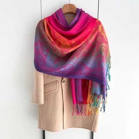 Women Ethnic Bohemian Paisley Print Scarf Rainbow Gradient Long Shawl Wrap With Tassels Lightweight Decorative Pashmina