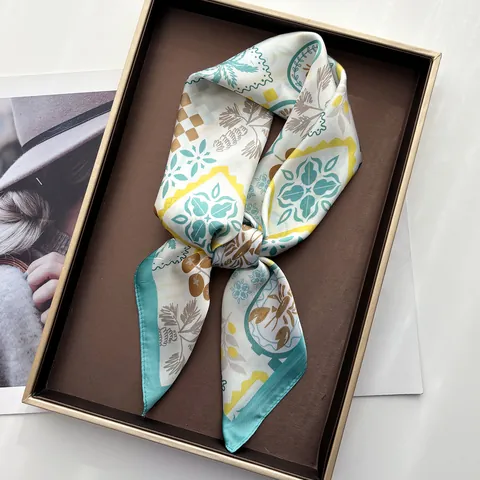 Elegant Satin Square Scarf Coconut Tree Lobster Sardine Print Vintage Silk Feel Head Scarf Fashion Accessories For Women