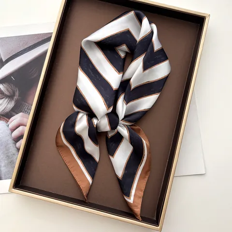 Women Elegant Geometric Striped Satin Square Scarf Silk Like Professional Neck Scarf For Office Daily Decorative Accessory