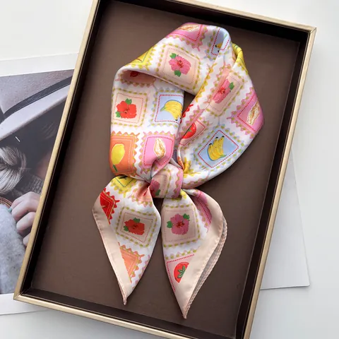 Women Elegant Satin Square Scarf With Tropical Botanical Fruit Stamp Print Fashionable Lightweight Decorative Neck Wrap Accessory