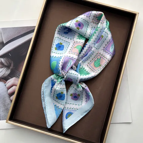 Women Elegant Satin Square Scarf With Tropical Botanical Fruit Stamp Print Fashionable Lightweight Decorative Neck Wrap Accessory