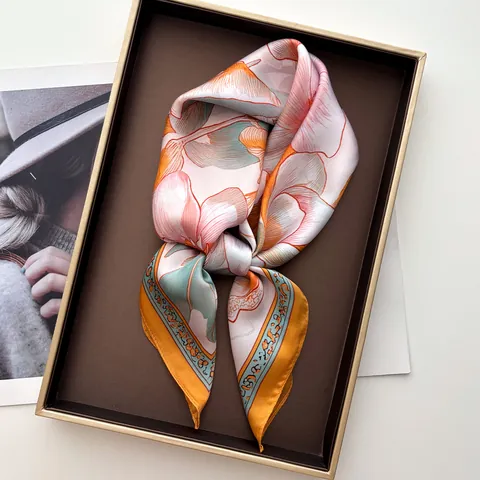 Women Elegant Magnolia Floral Print Satin Square Scarf Lightweight Decorative Head Neck Scarf Fashion Hair Wrap Accessories