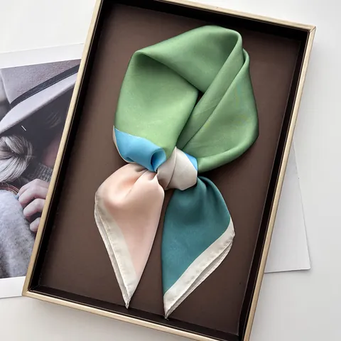 Women Satin Square Scarf Elegant Geometric Color Block Patchwork Printed Headscarf Fashion Neck Scarf Accessory