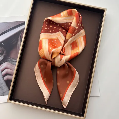 Women Elegant Satin Star Print Square Scarf Fashion Polka Dot Geometric Pattern Silk-like Neck Kerchief Daily Accessory