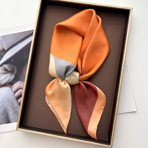 Women Satin Square Scarf Elegant Geometric Color Block Patchwork Printed Headscarf Fashion Neck Scarf Accessory