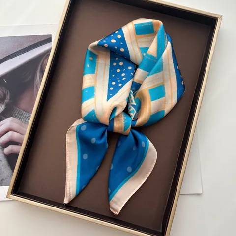 Women Elegant Satin Star Print Square Scarf Fashion Polka Dot Geometric Pattern Silk-like Neck Kerchief Daily Accessory