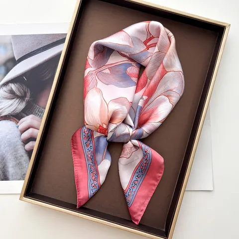 Women Elegant Magnolia Floral Print Satin Square Scarf Lightweight Decorative Head Neck Scarf Fashion Hair Wrap Accessories