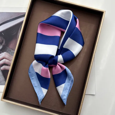 Fashion Geometric Stripe Satin Square Scarf Contrast Color Lightweight Silk Like Neck Scarf For Women Men Hair Head Band