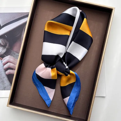 Fashion Geometric Stripe Satin Square Scarf Contrast Color Lightweight Silk Like Neck Scarf For Women Men Hair Head Band
