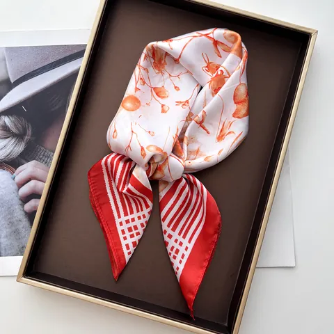 French Stripe Frame Floral Print Satin Square Scarf For Women Lightweight Elegant Neck Scarf Head Scarf Bandana Foulard