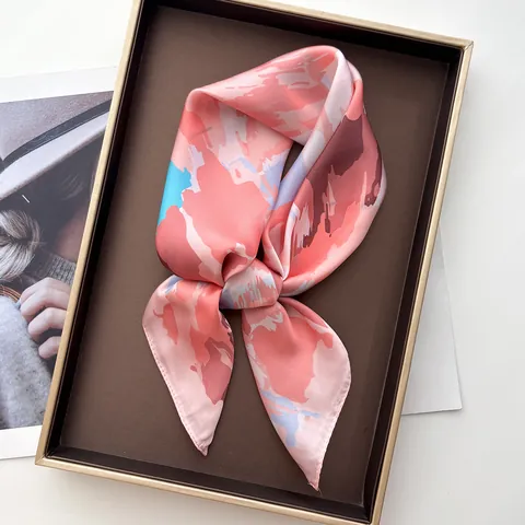 Women's French Satin Square Scarf Abstract Oil Painting Print Artistic Smooth Silk Like Headscarf Shawl Fashion Neck Accessory