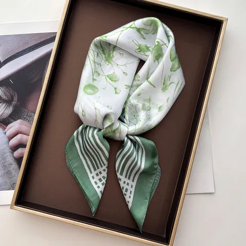 French Stripe Frame Floral Print Satin Square Scarf For Women Lightweight Elegant Neck Scarf Head Scarf Bandana Foulard