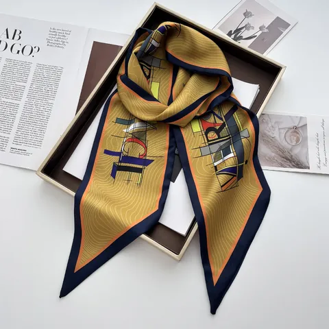 Vintage Geometric Print Satin Twilly Scarf For Women Mustard Yellow Narrow Hairband Waist Tie Fashion Silk-Like Neck Scarf