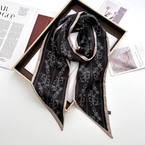 Women Elegant Floral Bow Print Satin Twilly Scarf Vintage Long Skinny Scarf For Hair Handbag Neck Decoration Fashion Accessory