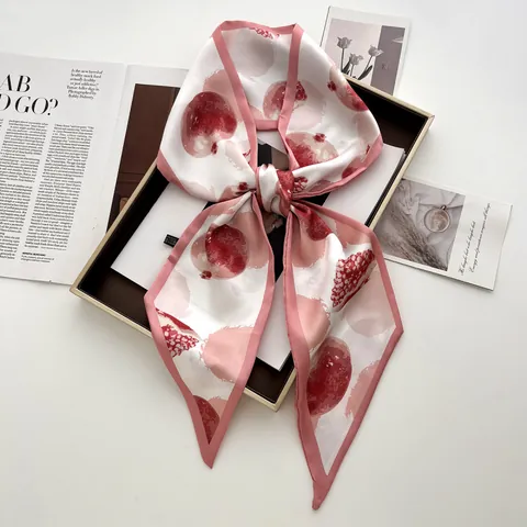 Elegant Pomegranate Print Satin Scarf For Women Pink White Polyester Skinny Scarf Hair Band Waist Wrap Long Neck Scarf