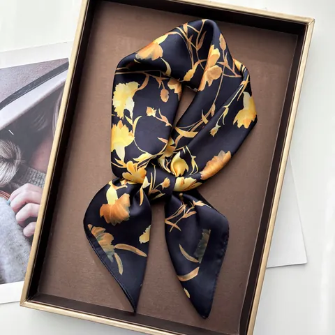 Women Elegant Carnation Floral Satin Scarf Vintage Square Headwrap Neck Scarf Silk Feel Hair Accessory Fashion Scarf Gift