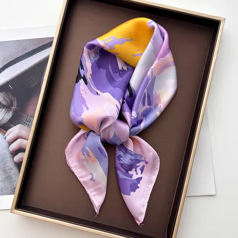Women's French Satin Square Scarf Abstract Oil Painting Print Artistic Smooth Silk Like Headscarf Shawl Fashion Neck Accessory
