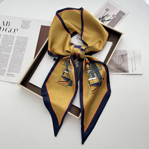 Vintage Geometric Print Satin Twilly Scarf For Women Mustard Yellow Narrow Hairband Waist Tie Fashion Silk-Like Neck Scarf