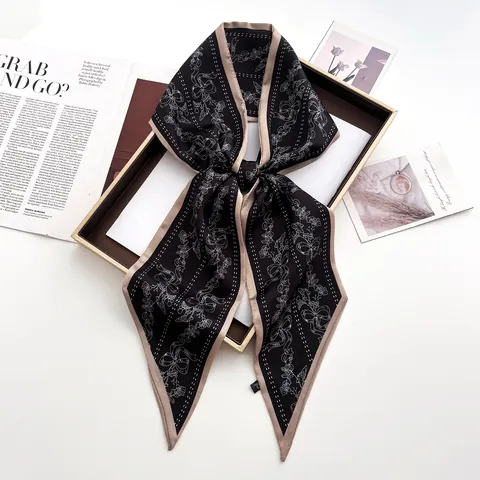 Women Elegant Floral Bow Print Satin Twilly Scarf Vintage Long Skinny Scarf For Hair Handbag Neck Decoration Fashion Accessory