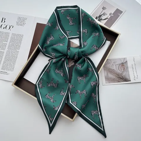 Women Vintage Zebra Print Satin Skinny Scarf Elegant Animal Pattern Silk Like Twilly For Hair Bag Neck Wrap Decorative Scarf