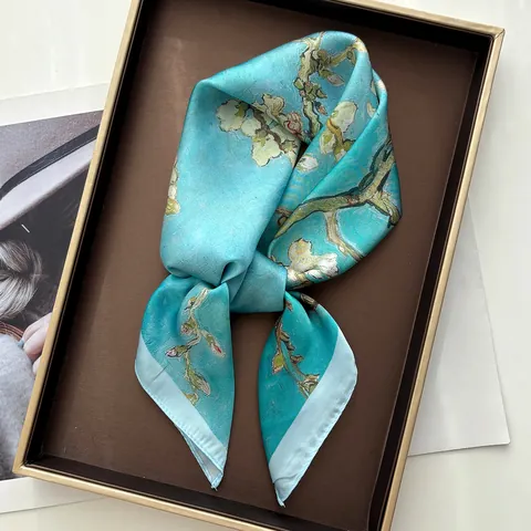 Women's Vintage Artistic Almond Blossom Print Satin Square Scarf Elegant Oil Painting Decorative Neck Scarf Silk Feel Headscarf