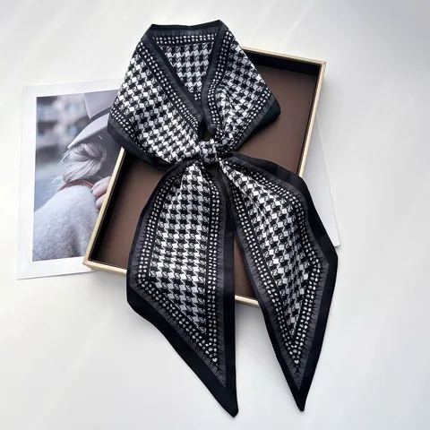 Women Elegant Houndstooth Pattern Satin Scarf Narrow Twilly Silk-Feel Neckerchief Hair Band Waist Wrap Accessory For Daily Wear