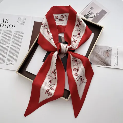 Vintage Red Horse Carriage Print Satin Scarf For Women French Style Elegant Narrow Twilly Scarf Hair Band Waist Wrap Decorative Accessory