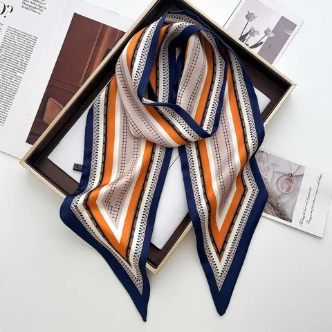 French Style Striped Geometric Print Narrow Satin Scarf For Women Polyester Silk Like Twilly Headband Bag Handle Accessory
