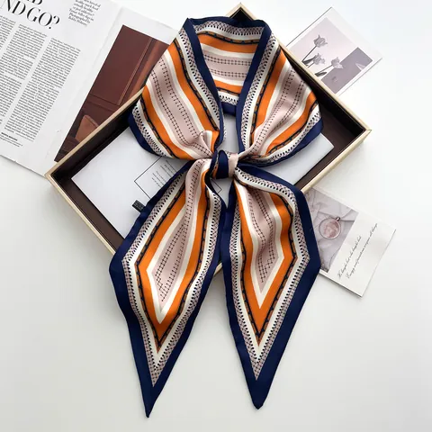 French Style Striped Geometric Print Narrow Satin Scarf For Women Polyester Silk Like Twilly Headband Bag Handle Accessory
