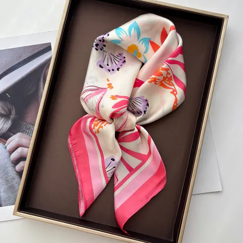 Women Satin Square Scarf Shell Floral Tropical Plant Print Fashion Silky Neck Scarf Elegant Beach Vacation Sun Protection Head Scarf