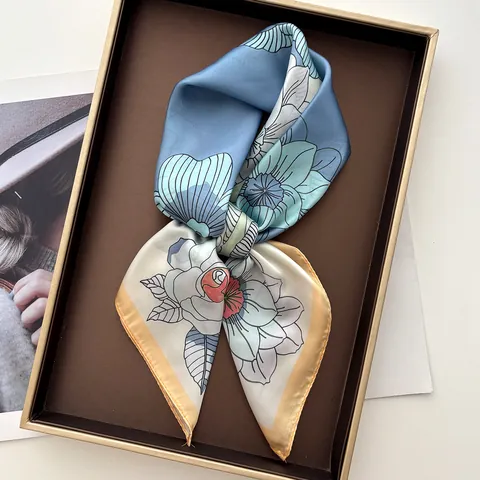 Women Fashion Floral Camellia Print Satin Square Scarf Elegant Silk Like Headscarf Versatile Neck Scarf For Spring Summer Lady Hair Accessory
