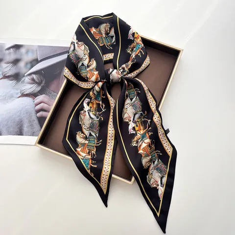 Women Vintage Horse Print Satin Narrow Scarf Elegant Equestrian Twilly Scarf For Bag Handle Hair Ribbon Headband Neck Tie