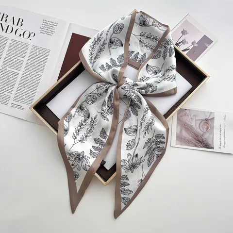 Elegant Satin Narrow Scarf For Women Botanical Floral Bowknot Print Hair Band Bag Ribbon Vintage Silk Feeling Neck Scarf