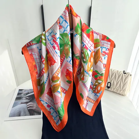 Damen Frucht Druck Satin Vierecktuch Zitrone Orange Tropische Pflanzen Muster Modisch Seidig Kopftuch Halstuch Accessoire