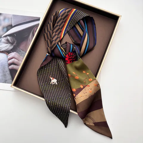 Elegant Satin Skinny Scarf Women Striped Geometric Pattern Fashion Neck Tie Twilly Bag Handle Accessory Vintage Soft Scarf