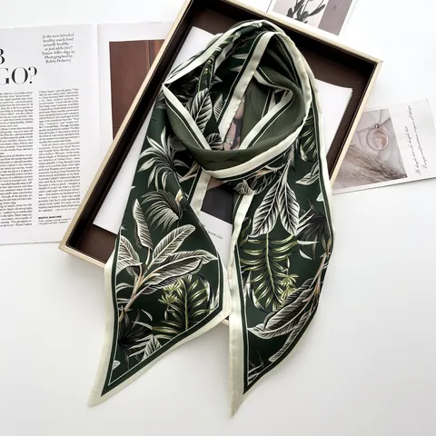 Elegant Dark Green Satin Scarf For Women Tropical Leaf Print Narrow Hair Tie Bag Handle Wrap Ribbon French Style Fashion Scarf