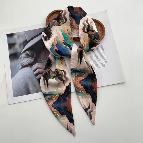 Women Satin Narrow Long Scarf Vintage Horse Cloud Print Twilly Neck Tie Bag Handle Ribbon Accessory For Daily Work