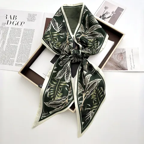 Elegant Dark Green Satin Scarf For Women Tropical Leaf Print Narrow Hair Tie Bag Handle Wrap Ribbon French Style Fashion Scarf