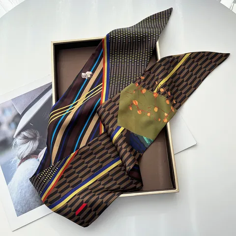 Elegant Satin Skinny Scarf Women Striped Geometric Pattern Fashion Neck Tie Twilly Bag Handle Accessory Vintage Soft Scarf