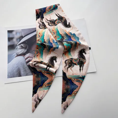 Women Satin Narrow Long Scarf Vintage Horse Cloud Print Twilly Neck Tie Bag Handle Ribbon Accessory For Daily Work