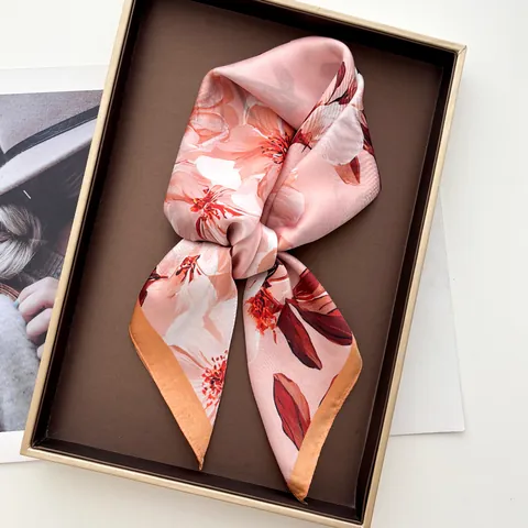 Elegant Women Satin Square Scarf Floral Peach Blossom Print Lightweight Silky Neck Wrap Headscarf For Spring Summer Gift