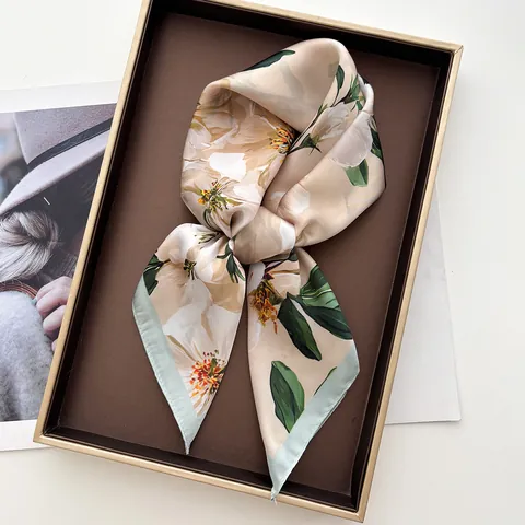 Elegant Women Satin Square Scarf Floral Peach Blossom Print Lightweight Silky Neck Wrap Headscarf For Spring Summer Gift