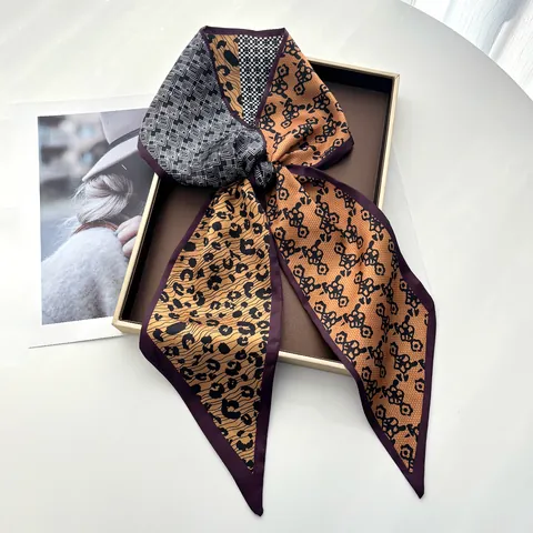 Leopardenmuster Patchwork Satin Schal Für Damen Vintage Geometrische Blumen Lange Twilly Haarband Tasche Zubehör Halstuch