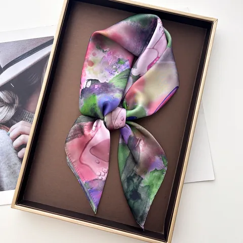 Vintage Lotus Dragonfly Print Satin Square Scarf Women Elegant Artistic Silk Like Neck Wrap Bandana Head Accessories Elegant Neck Accessory