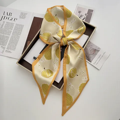 Yellow Durian Fruit Print Satin Twilly Scarf For Women Narrow Silk-Like Scarf Fashion Hair Tie Waist Band Decorative Scarf