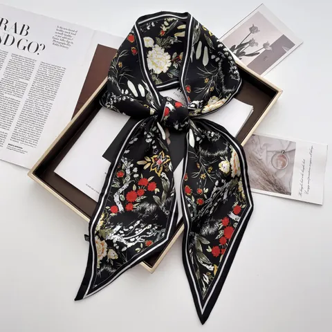Women Elegant Floral Print Satin Scarf Vintage Crane Pattern Long Twilly Skinny Scarf For Hair Neck Bag Handle Wrap Decor