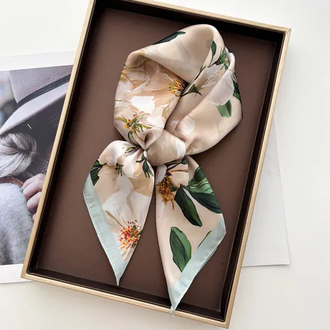 Elegant Women Satin Square Scarf Floral Peach Blossom Print Lightweight Silky Neck Wrap Headscarf For Spring Summer Gift